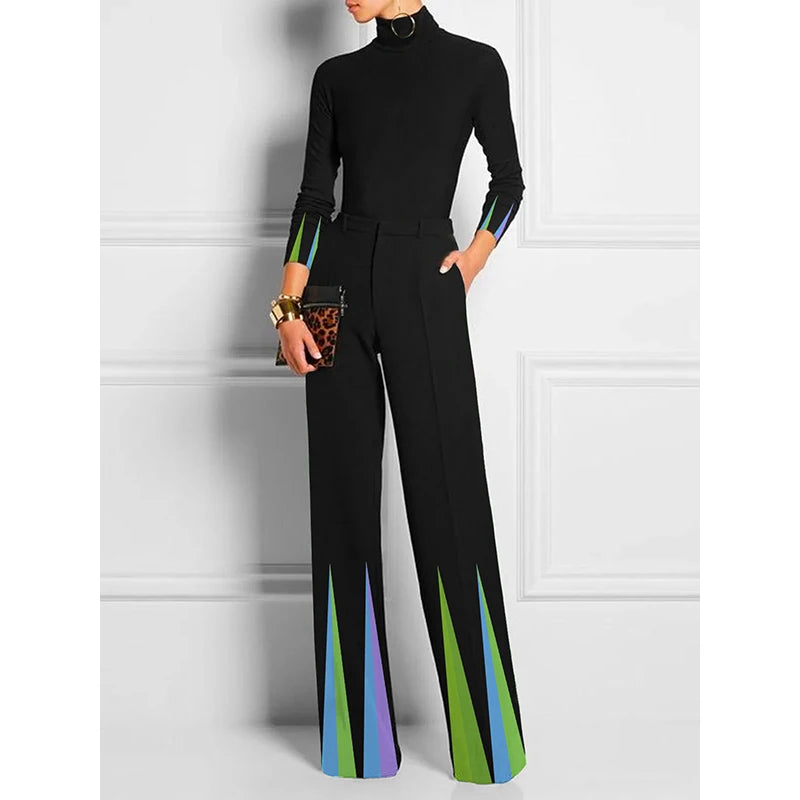 2025 New Women Black Printed Straight Leg Pants Pockets Loose Fit High Waisted Office Business Casual Trousers