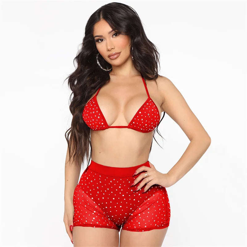 Rhinestones Mesh See Through Sexy Two Peice Sets Women Matching Sets Outfits Clubwear Night Out Halter Lace-up Bra and Shorts