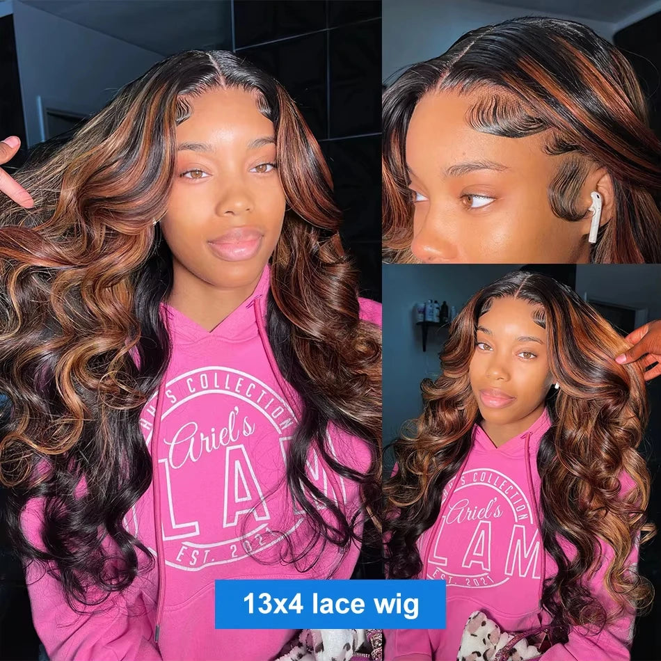 Body Wave Highlight Ombre Colored 13X4 Lace Front Wig Human Hair 1B/30 Black Brown 13X6 Lace Frontal Brazilian Wig For Women