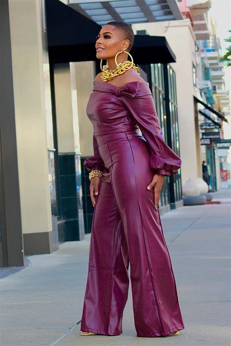 PU Faux Leather Two Piece Set for Women Y2K Clothing Slash Neck Crop Top and Wide Leg Pants Matching Sets Night Club Outfits