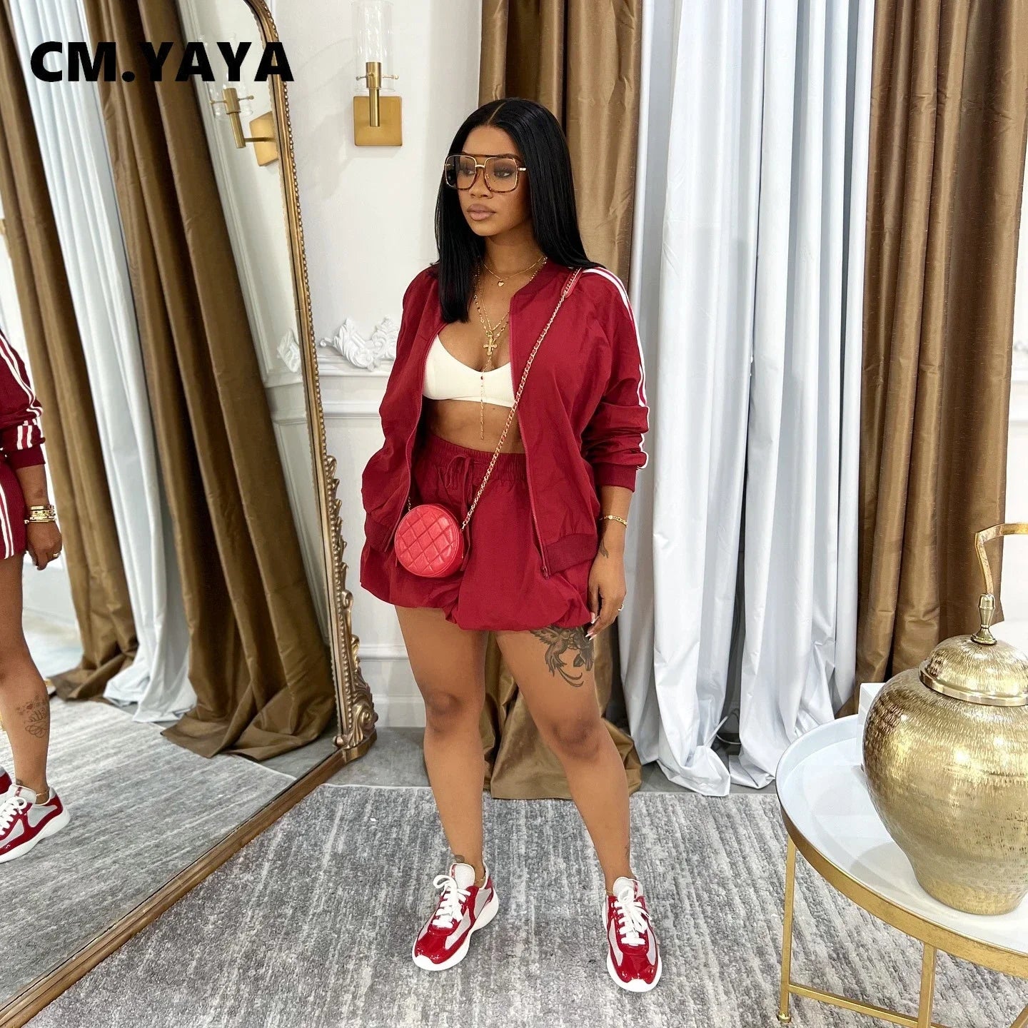 CM.YAYA Women Mini Skirts Set +Full Sleeve Striped Sweatshirt Two 2 Piece Set Outfits Fall Casual Street Night Club Cute Outfits