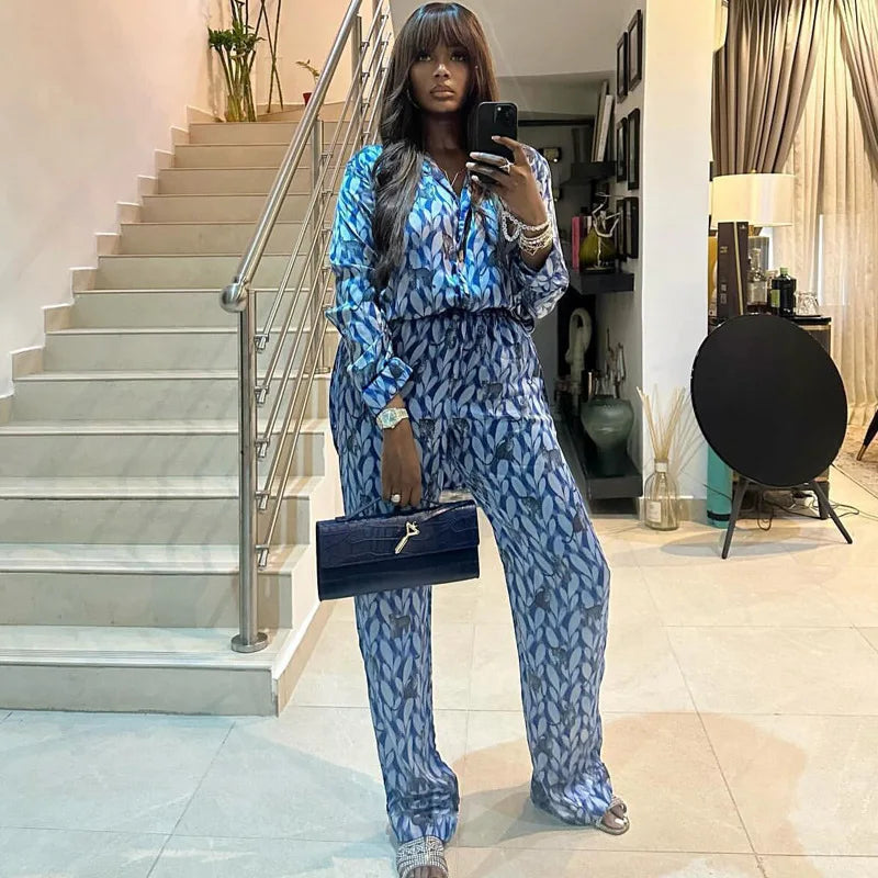 Pant Set Women Two Piece Sets Print Loose Casual Matching Sets Y2k Streetwear Shirt Tops Wide Leg Long Pants High Waist 2025