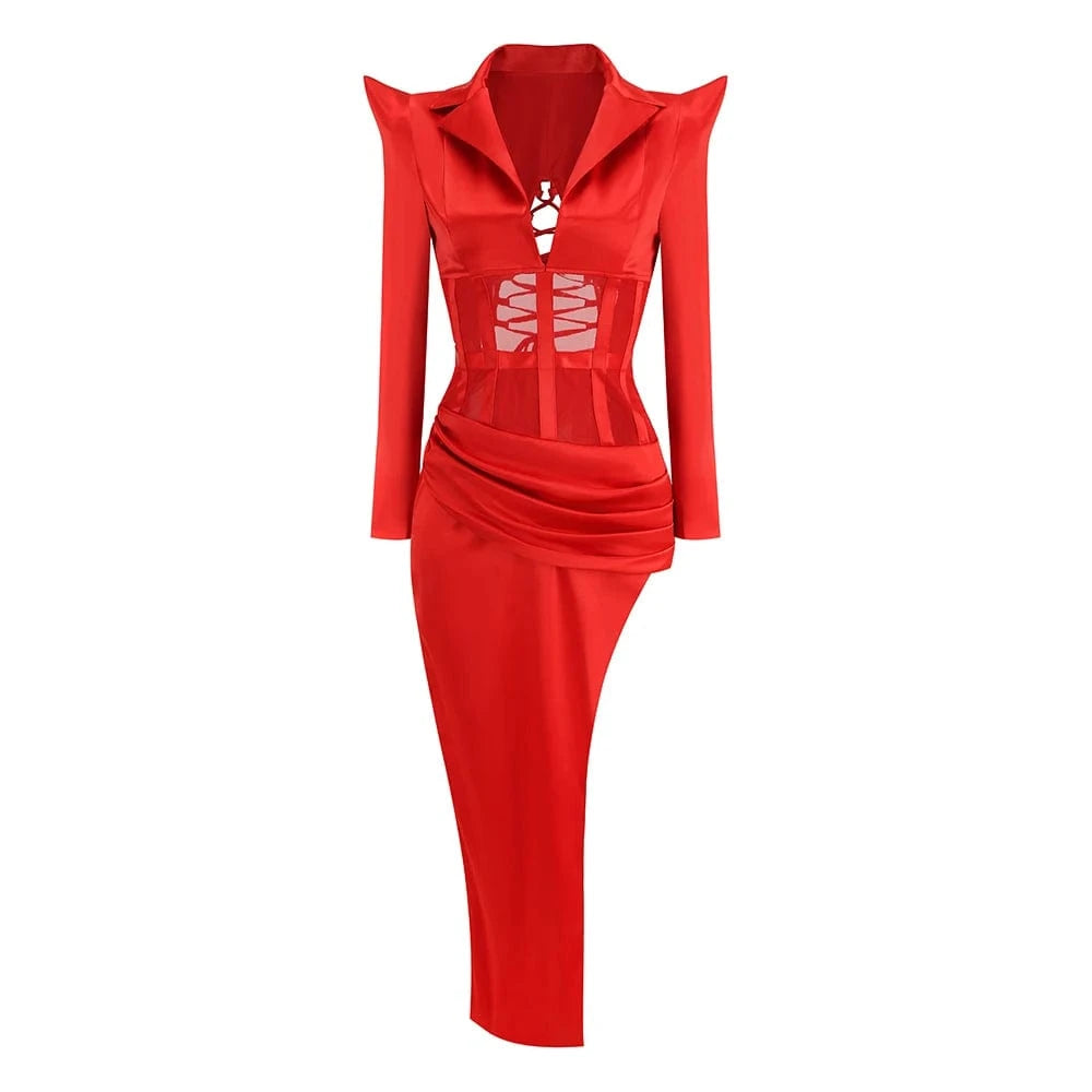 Sexy Women Red Hollow Open Back Lace-up Slim Dress Pleated High Split V-Neck Long Dress Elegant Evening Club Gown Party Dress