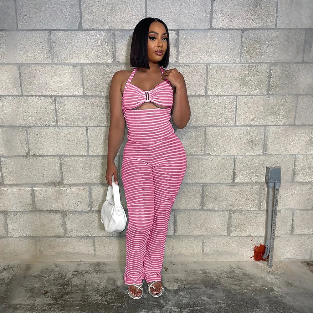 FAGADOER Sexy Stripe Patchwork Two Piece Outfits Woman Halter Backless Tank Top + Skinny Pants Suits Female Streetwear Clothing