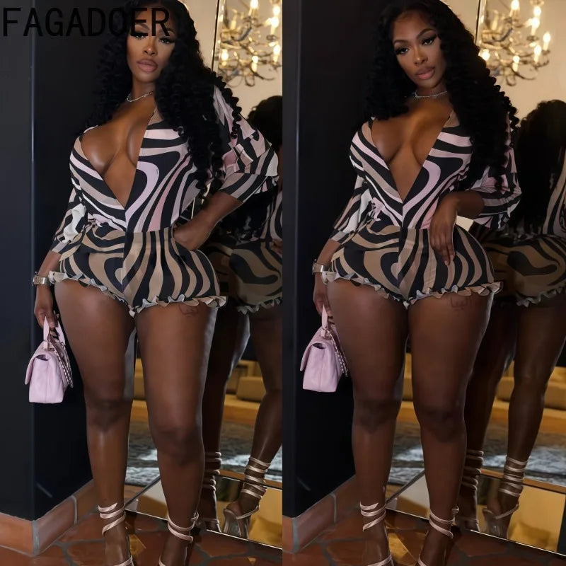 FAGADOER Sexy Stripe Print Two Piece Outfits Woman Long Sleeves See Through V-neck Crop Top and Shorts Suit Hot Girl Streetwear