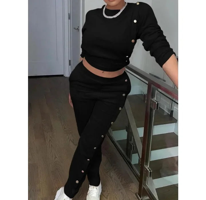 Two Piece Sets Streetwear Elegant Women's New Hoodie Side Button Long Sleeved Pants Fashionable Casual Suit Y2k Autumn 2024