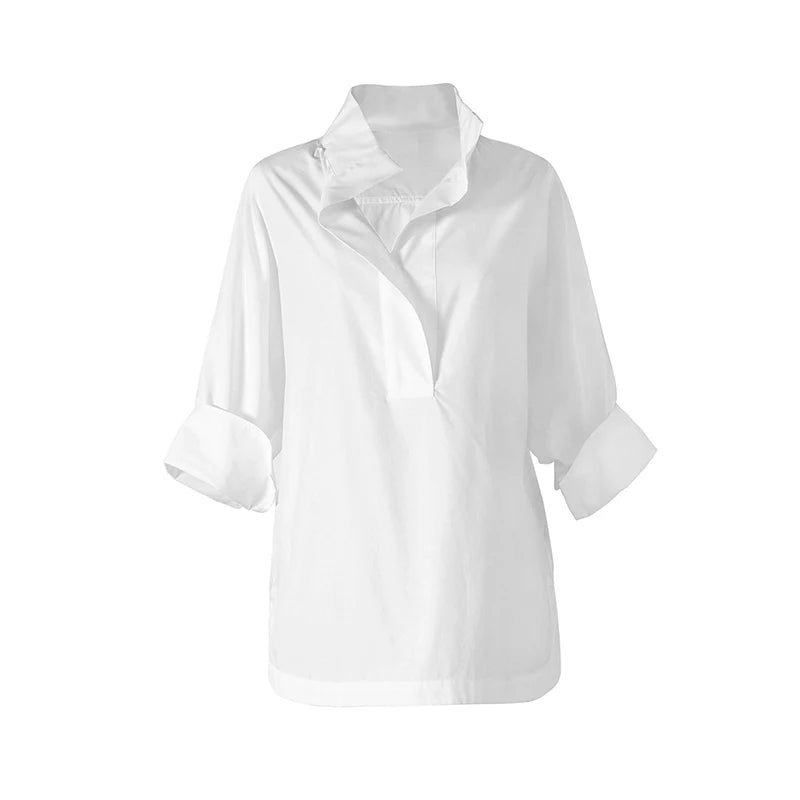 Women's Cotton Shirt Tops 2025 Autumn New Solid White Lapel Collar Long Sleeves Buttoned T-shirt Female Commuter Blouse