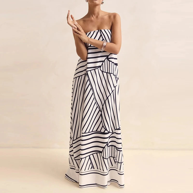 Casual Off Shoulder High Waist Loose Long Dress Backless Printed Holiday Women Dresses Summer Sexy Strapless Pleated Beach Dress
