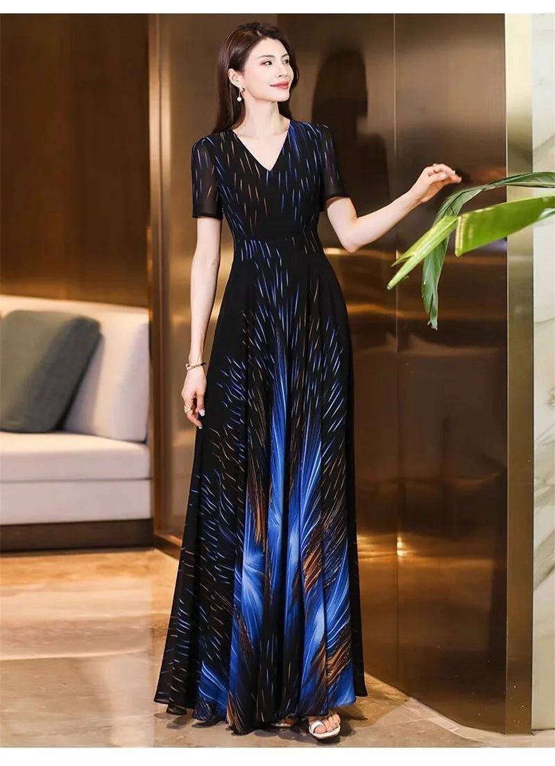Pendant Sense Dress for Women Summer 2024 New Fashion High end, Elegant Slim and Waist Up V-neck Chiffon Dress Long Dress 4XL