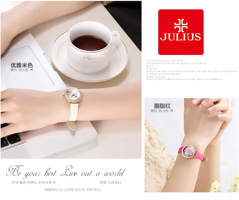 Rhinestones Julius Lady Women's Watch Fashion Hours Bracelet Real Leather Girl's Birthday Gift No Box