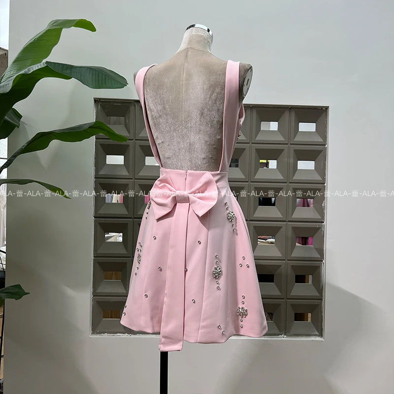 High-end Light Luxury Party Dress 2025 Summer Clothes New Heavy Industry Diamond Square Collar Waist Halter Bow Short Dress