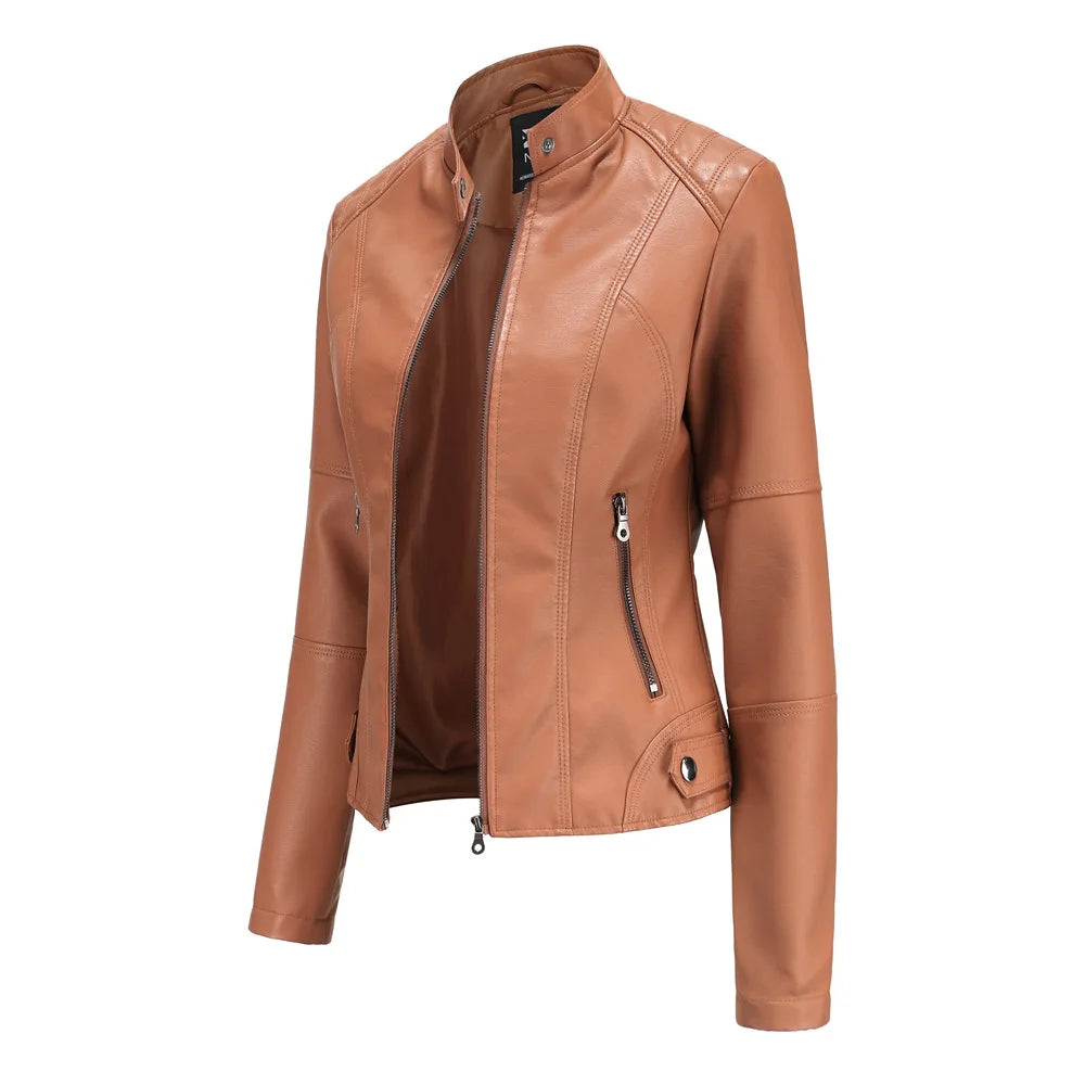 Women Leather Jacket 2025 Spring Autumn Black PU Leather Coat Stand-up Collar Motor Biker Jacket