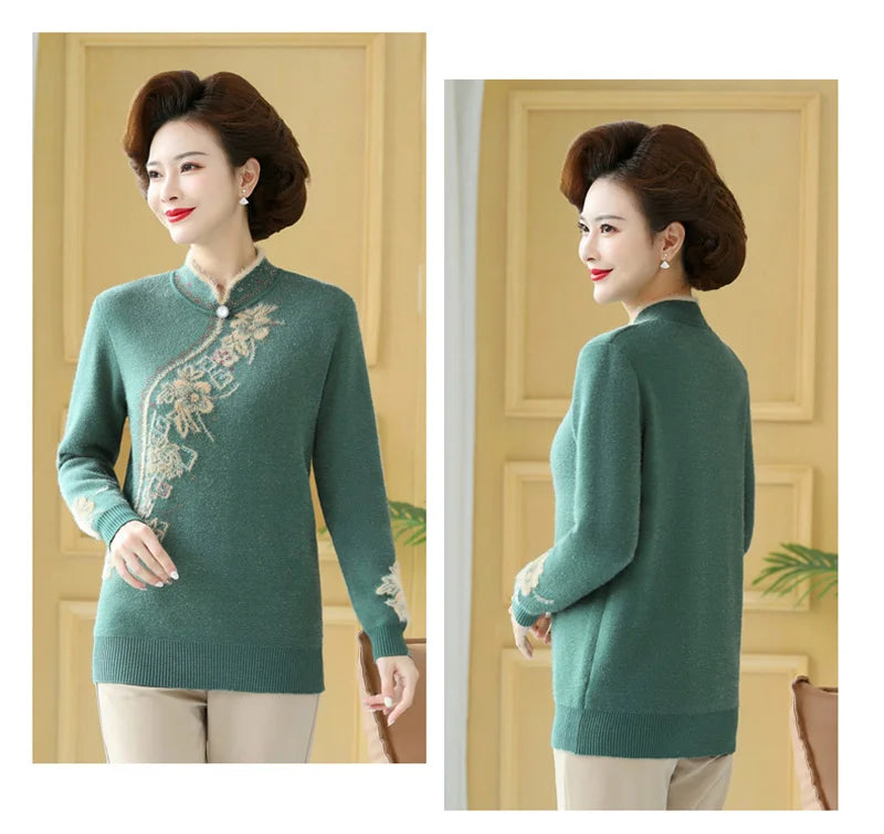 2025 Autumn New Mom's Velvet And Warm Knitted Embroidered Bottom Shirts Imitation Mink Fleece Winter Inner Plsh Thick Pullover