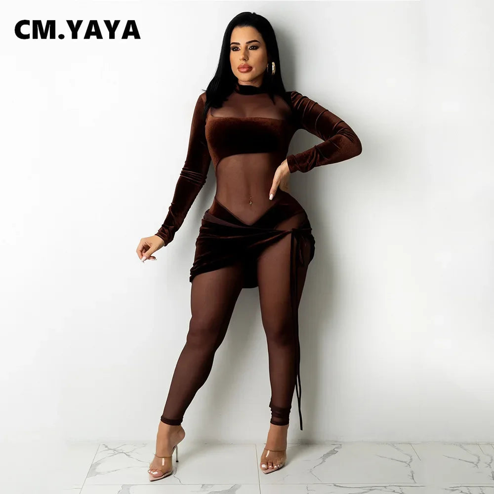 CM.YAYA Autumn Winter Women Long Sleeve Velvet Mesh Patchwork Jumpsuit Vintage Sexy Night Party Club One Piece Romper Playsuit