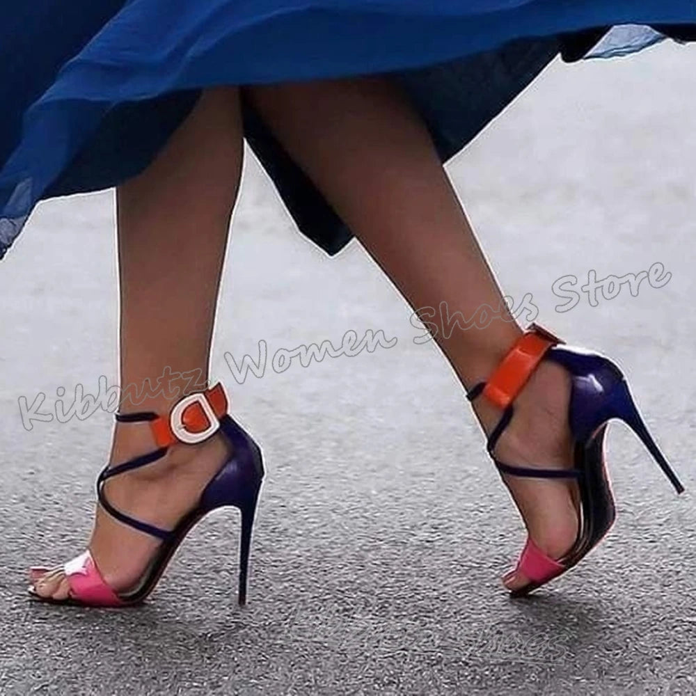 Cross Strap Sandals Ankle Buckle Strap Mixed Color Leather Fashion Luxury Elegant Comfortable Sexy Novelty Women Party Shoes New
