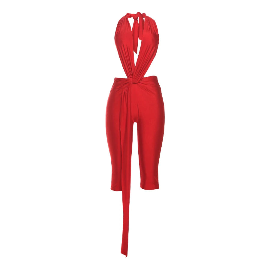 Weird Puss Patchwork Halter Romper Women Ribbon Sleeveless Elastic Backless Workout Activewear Midnight Activity Slim Playsuits