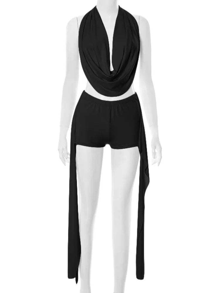 Joskaa 2025 Summer Beach Style 2 Piece Sets Women Sexy Backless Bandage Halter Tops and Ribbons Shorts Matching Vacation Outfits