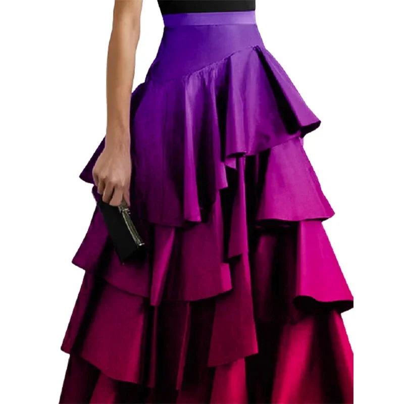Beautyblue Elegant Party Dresses for Women 2025 Gradient Long Skirts Fashion A-Line Falbala High Waisted Bottoms Skirt Female