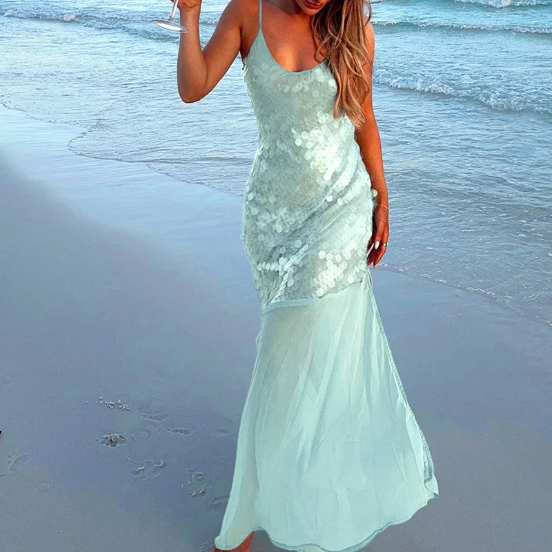 Beach O Neck Pleated Women's Long Dress New Sexy Mermaid Solid Camisole Dress Shiny Sequins Hollowed Out Sleeveless Party Dress