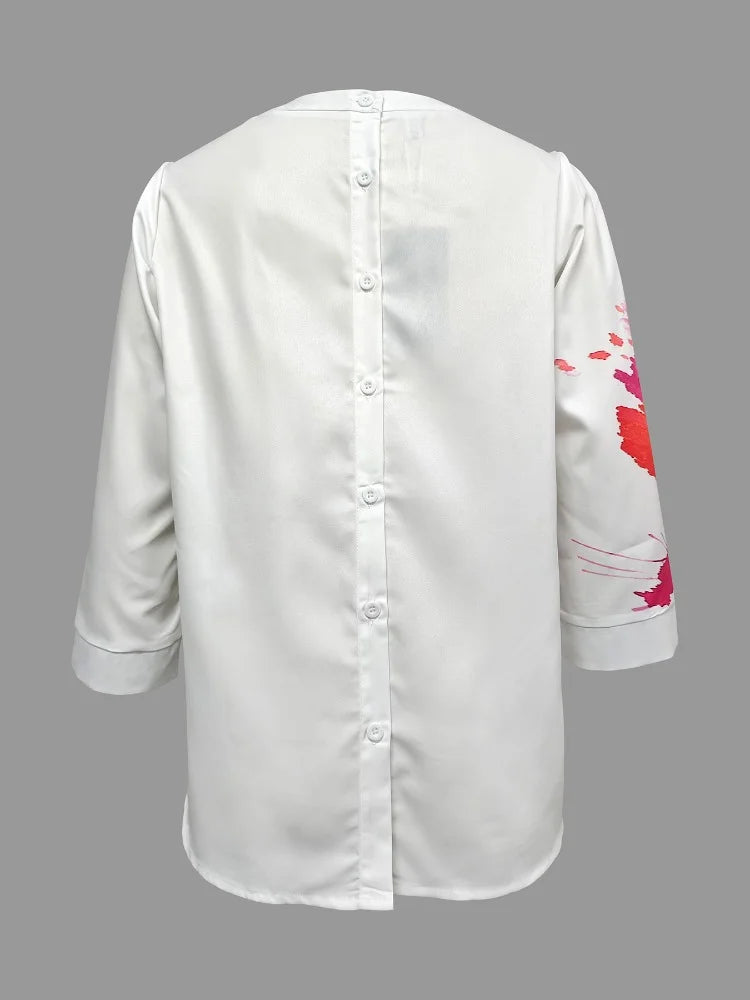 Women T-shirt 2024 New Summer Casual Simple Tops Round Neck Three-Quarter Sleeves Floral Printed Loose Fit Pullovers
