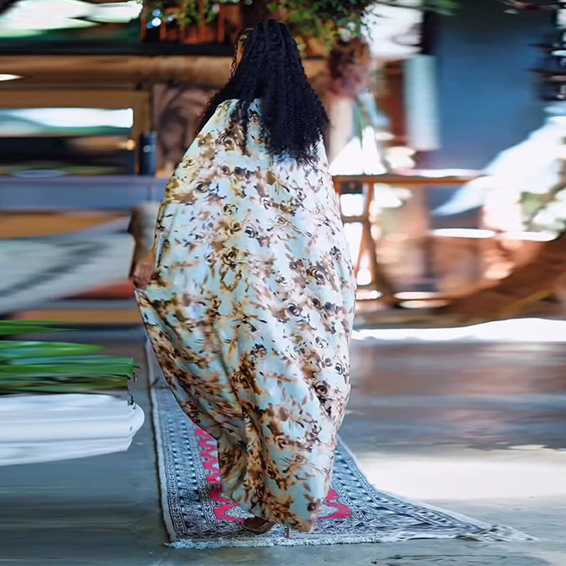 Fashion Asymmetrical Batwing Sleeve Women's Dress Summer Casual Loose Drawstring Long Dress Retro Floral Print Muslim Robe Dress