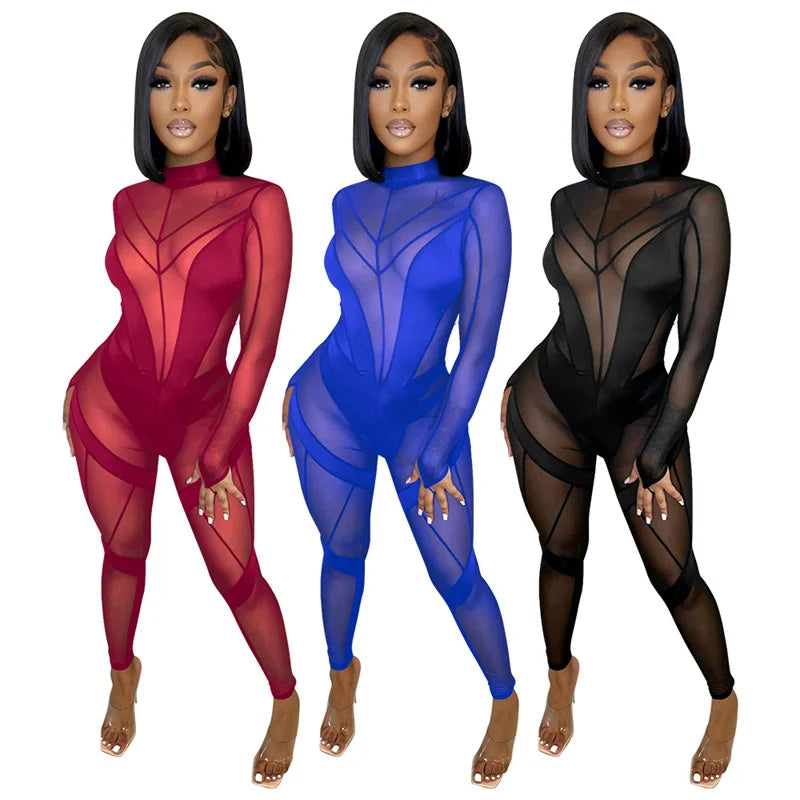 Sexy Sheer Mesh Jumpsuits Women Party Club Outfits Skinny Patchwork Long Sleeve See Through Rompers Womens Jumpsuit Midnight