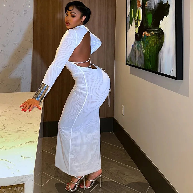 CM.YAYA Women Full Sleeve Mesh See Through Maxi Long Dress 2025 Summer Backless Night Party Birthday Evening Dresses Vestidos