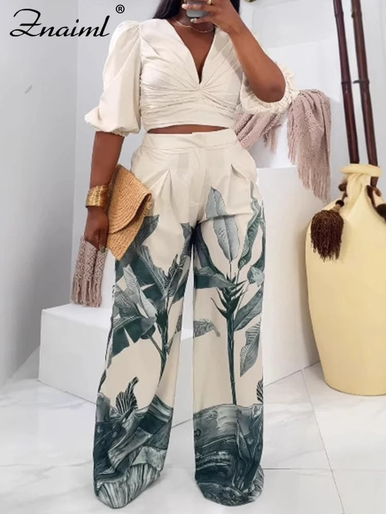 Znaiml Elegant Print Two 2 Piece Pants Sets Women Lantern Half Sleeve V-neck Ruched Crop Top and Wide Leg Pants Birhtday Outfits