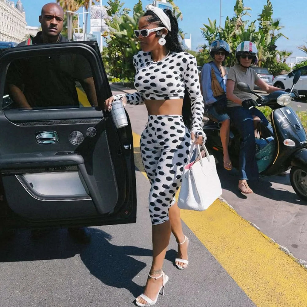 Polka Dot Long Sleeve Crop Top And Shorts Set for Women