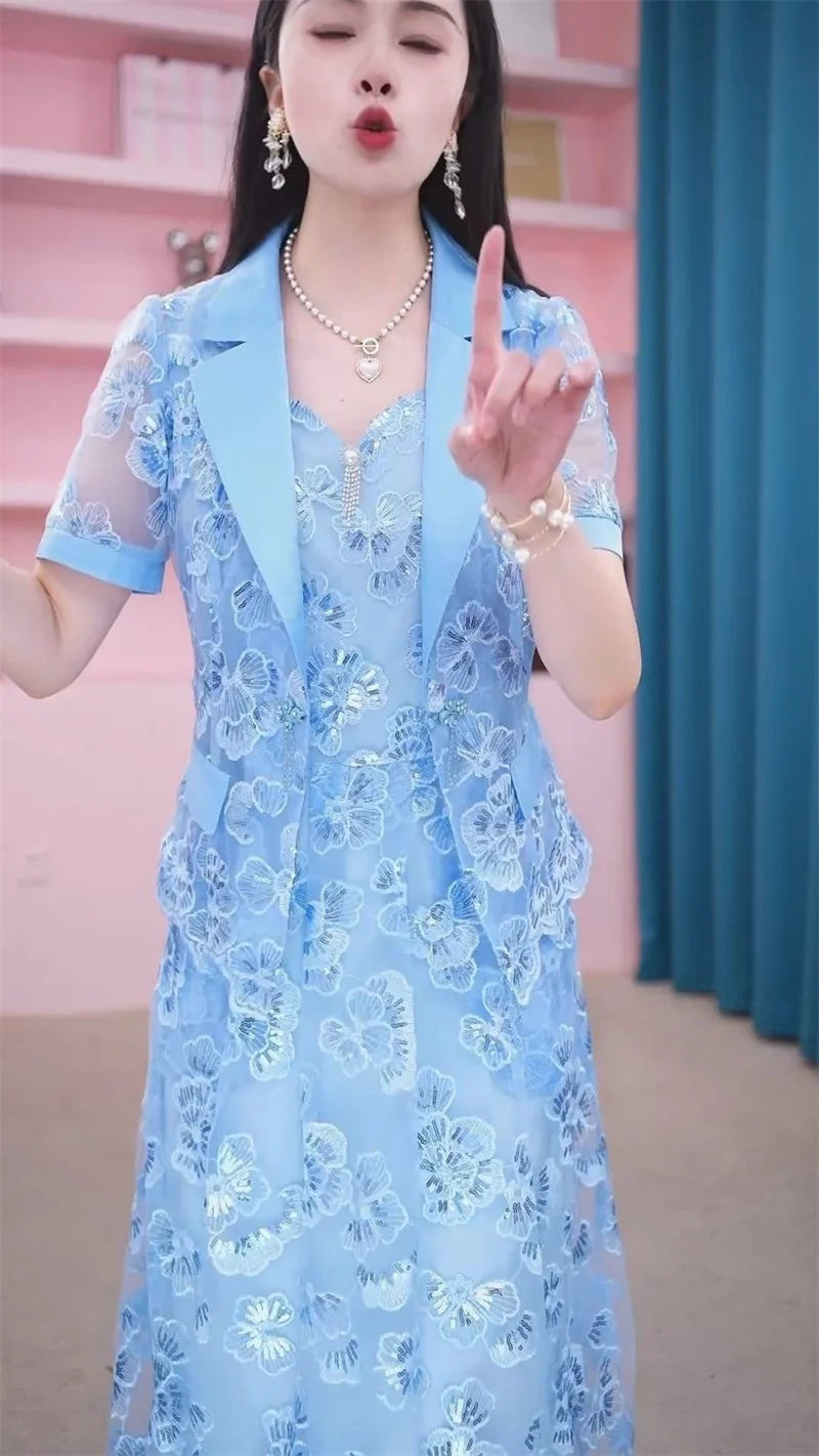 Lace Dress Women's High end Luxury Lady Two Piece Sets Silk Dress Suit Jacket And Dress 2023 Summer Waist Slim Long A-line Dress