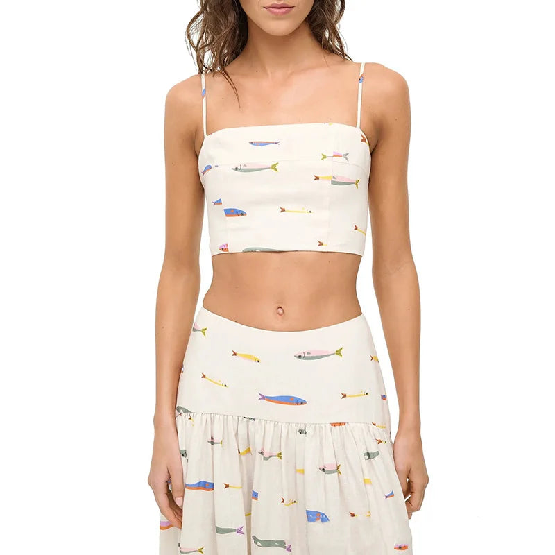 Lady Summer Pattern Printed Beach Outfit New 2025 Fashion Hollow Sleeveless Sling 2pc Set Elegant Pleated Long Skirt Party Suit