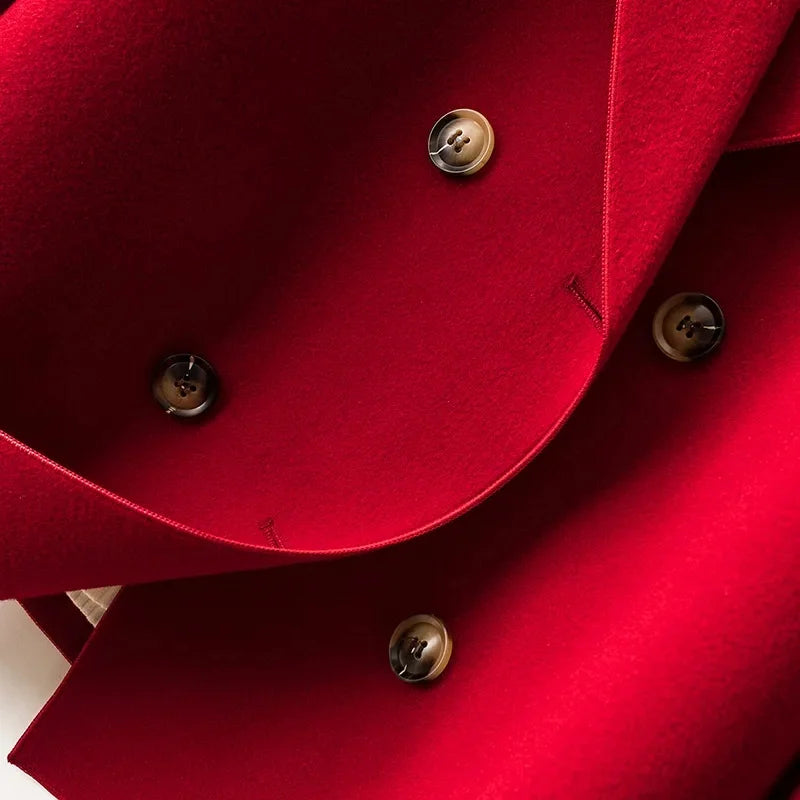 High-Quality Double-Sided Woolen Coat For Women 2024 New Short With Temperament Doll Neck Mother's Outfit Woolen Coat Female Red