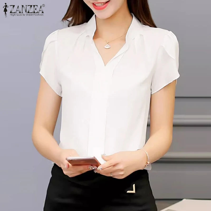 ZANZEA Formal Office V-neck Blusas Women Chiffon Blouses Elegant Ruffles Short Sleeve Tops 2024 Summer Solid Pleating Shirts