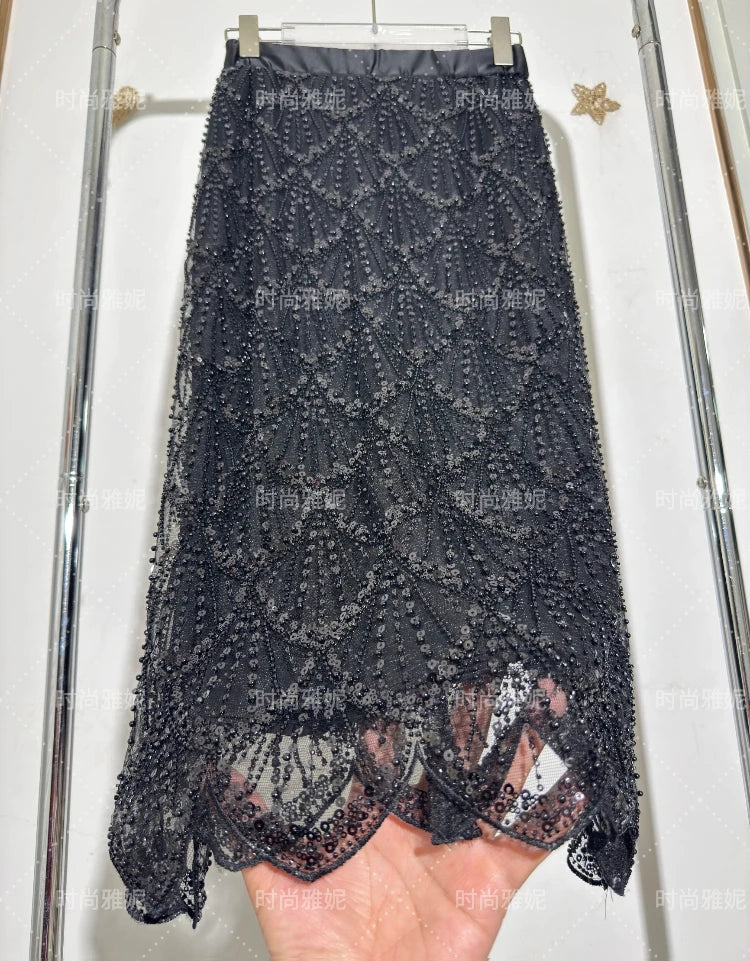 Fashion New Fashion Long-sleeved Sequined Pearl Bead Cardigan Women's Top High-waisted Skirt 2-piece 2025 Spring New Skirt Sets