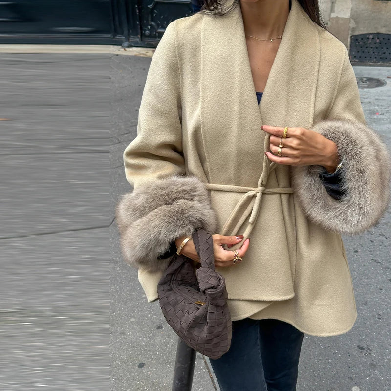 Plush Cuffs Belt Women 's Coats Elegant Lapel Faux Fur Sleeve Twist Open Coat Female 2025 Autumn Winter Fashion Lady Streetwears