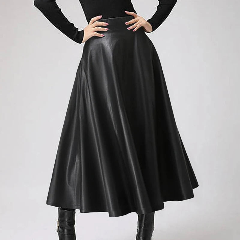 Celmia Fashion Women Long Skirts 2024 Spring PU Leather Faldas Elegant High Waist A-line Midi Skirt Casual Loose OL Swing Jupes