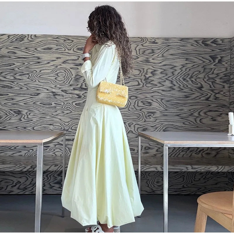 Solid Women's Casual Pleated Long Dress Fashion Lapel Full Sleeve Button Maxi Dress Lady 2025 Early Autumn Chic Street Robes