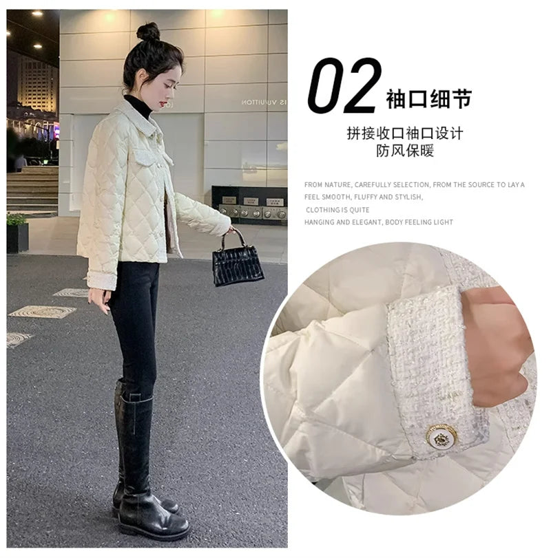 Lightweight Down Cotton Jacket Women's Short Jacket 2023 Winter New White French Style Fashion Women Jackets Patchwork Tweed Coa