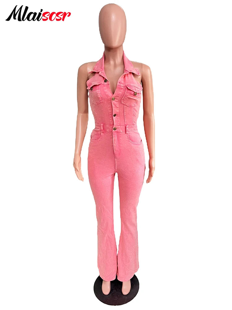 Mlaiscsr Women Pink Stretch Denim Jumpsuit Halter Sleeveless Backless One Pieces Wide Leg Overalls Flare Pants Jeans Rompers New