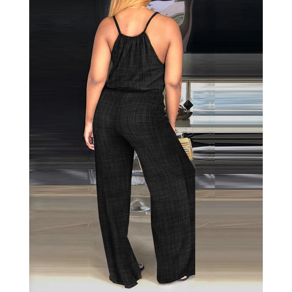 Women Solid Color Round Neck Wide Leg Straight Overalls Summer Spaghetti Strap Drawstring Waist Casual Black Jumpsuits