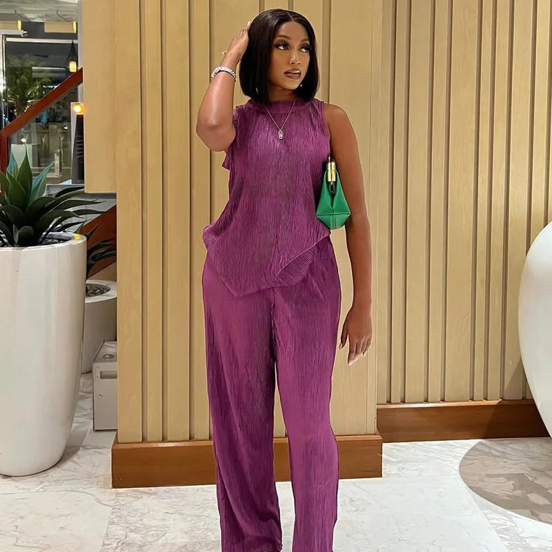 CM.YAYA Fashion Pleated Draped Women Set Sleeveless Tops + Wide Leg Pants 2025 Summer Two 2 Piece Sets Africa Outfits Tracksuit