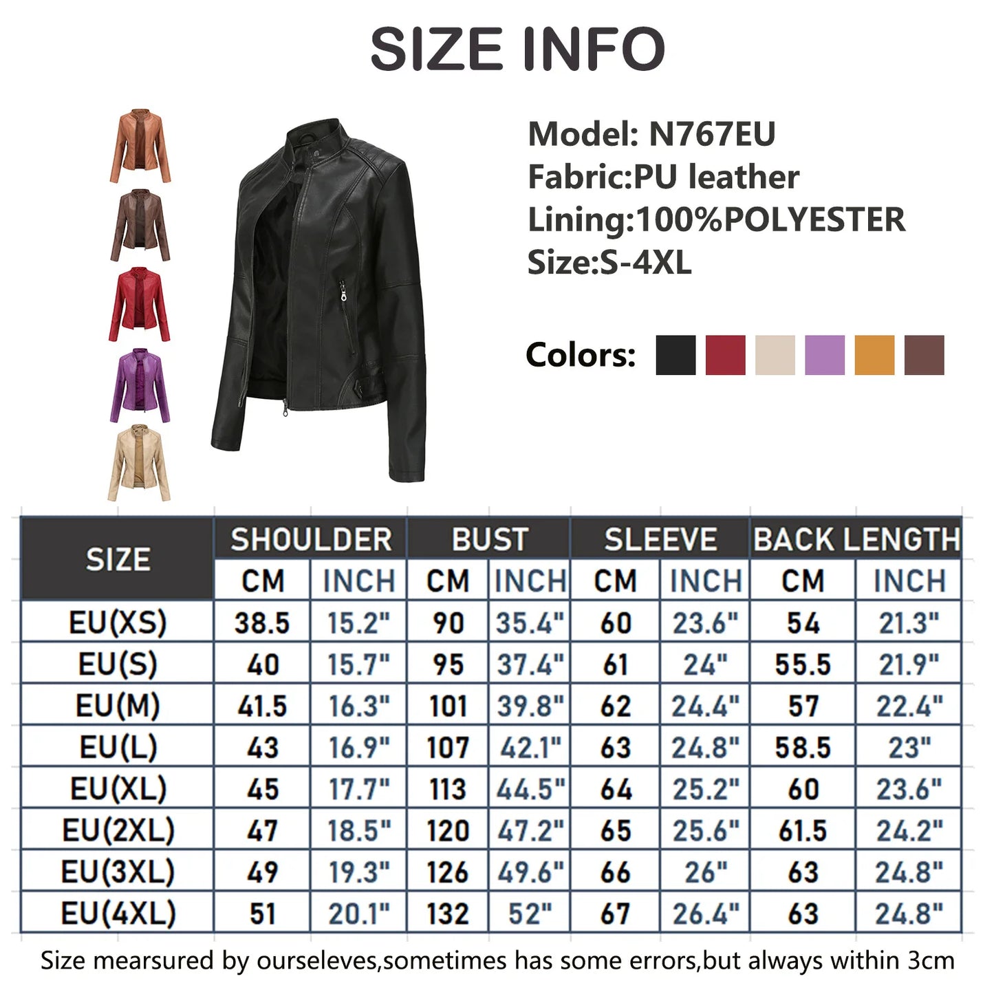 Women Leather Jacket 2025 Spring Autumn Black PU Leather Coat Stand-up Collar Motor Biker Jacket