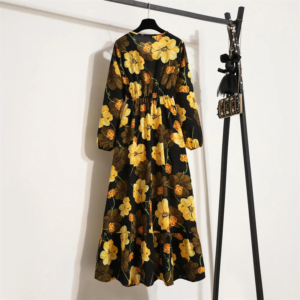 Women Floral Printed Maxi Dresses Spring Summer Casual O Neck Full Sleeve High Waist A Line Boho Beach Party Long Dress Vestidos