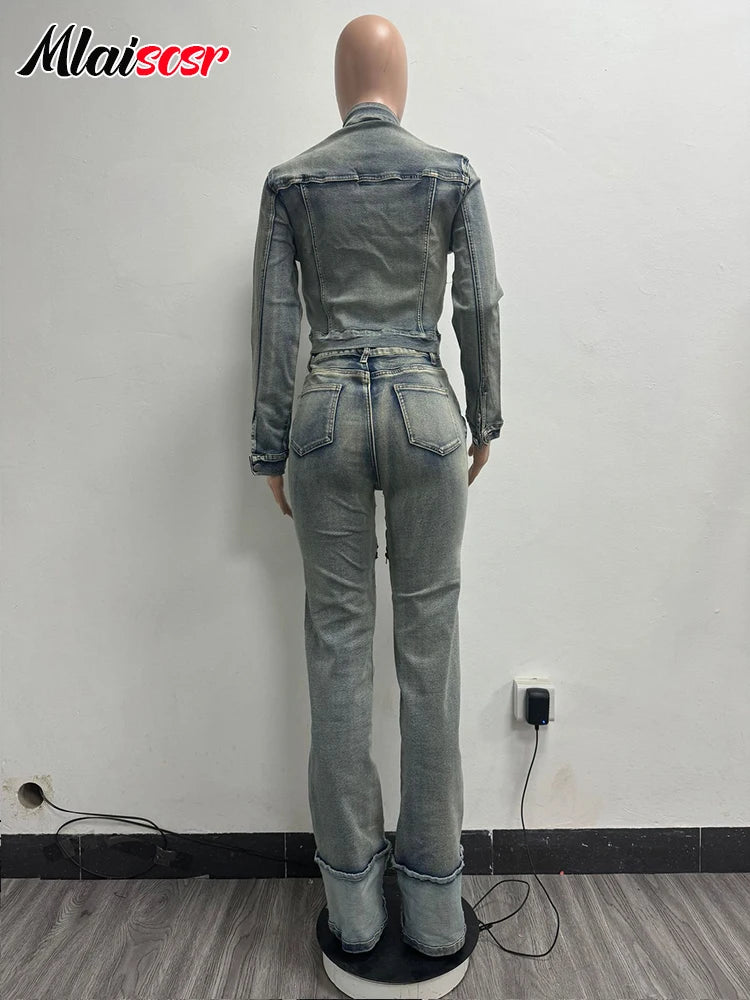 Mlaiscsr Stretch Denim Two Pieces Pants Sets Women Long Sleeve Zipper Short Jacket and Straight Cargo Jeans High Street Outfits
