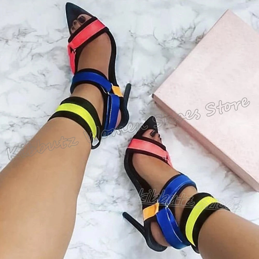 Hook&loop Patchwork Sandals Buckle Strap Pointy Thin Heels Fashion Luxury Elegant Comfortable Novelty Women Shoes Newest Leather