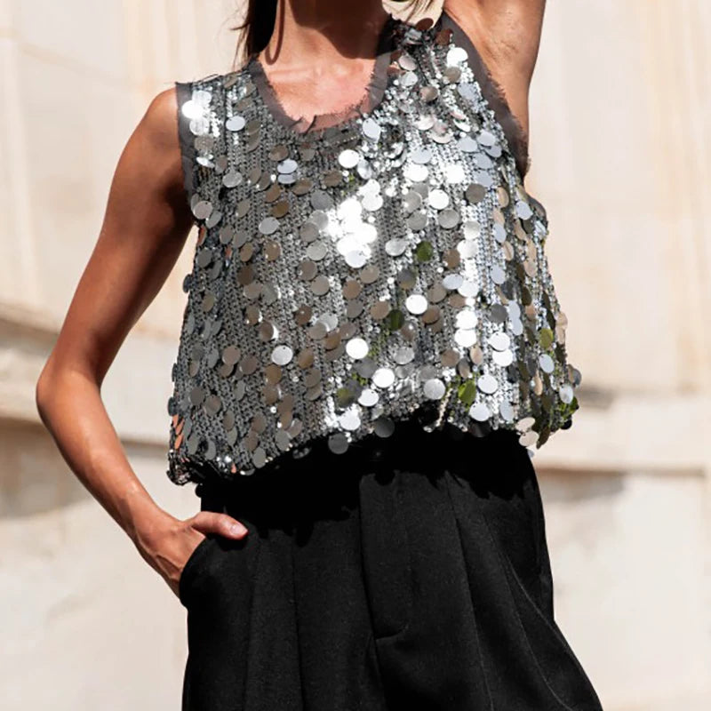 Fashion Women's Clothing Holiday Blouses Shiny Sequined Sleeveless Vest Top Summer Ladies O-neck Hollow Out Club Party T-shirt