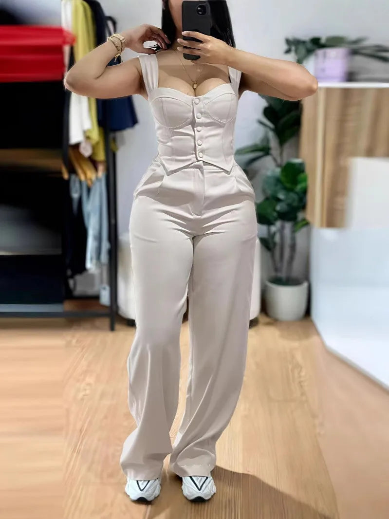 Elegant Solid Color Strapless Suspender Vest Trousers Two-Piece Set for Women