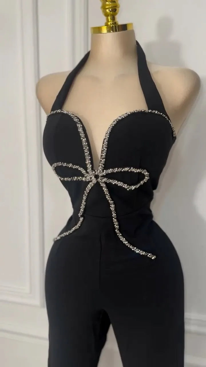 CM.YAYA Fashion Women Halter Neck Butterfly Striped Splicing Sleeveless Jumpsuits 2025 Sexy Party Outfits One Piece Suit Rompers