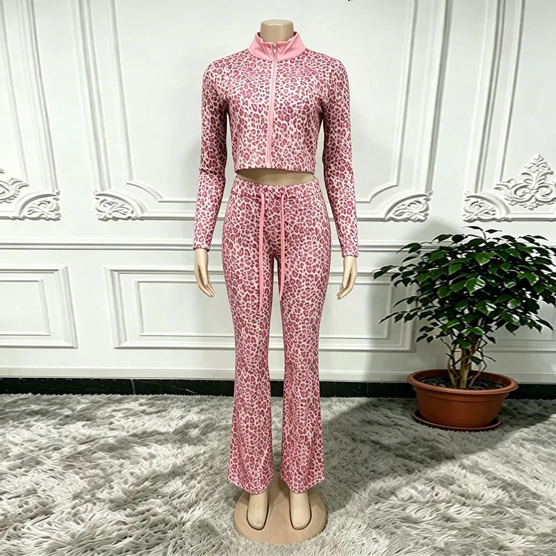 Leopard Print Stand Collar Casual Two Piece Set For Women