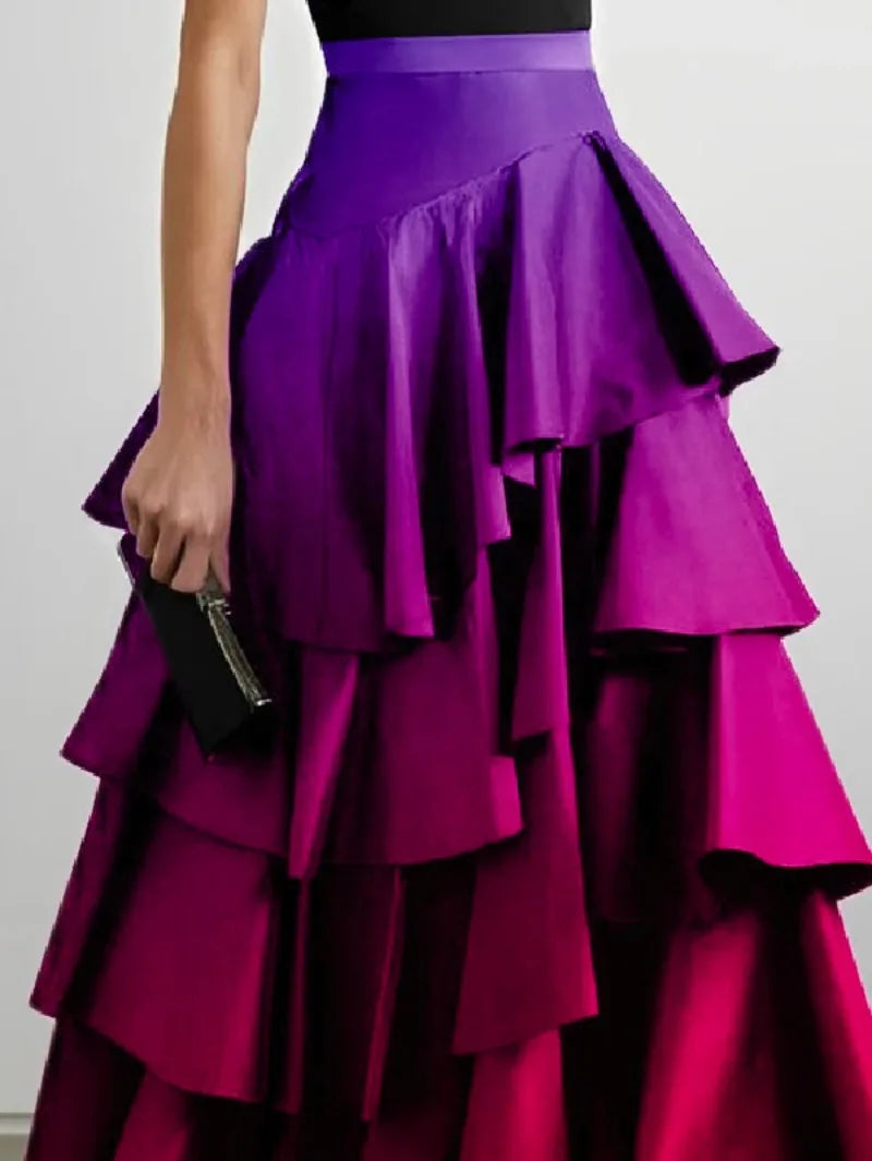 Beautyblue Elegant Party Dresses for Women 2025 Gradient Long Skirts Fashion A-Line Falbala High Waisted Bottoms Skirt Female